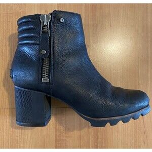 Sorel Danica Side Zip Leather Lug Sole‎ Block Heel Bootie Black Women's Size 8